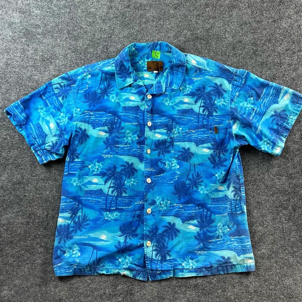 VINTAGE Bullhead Shirt Adult Large Aloha Palm Trees Hawaiian USA Button Up Mens